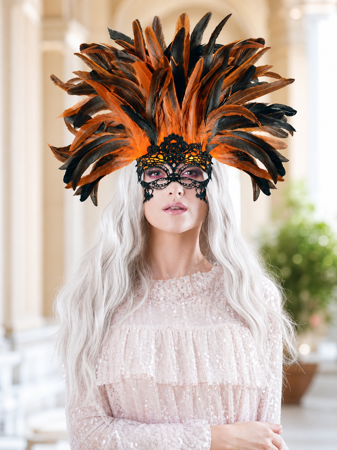 Carnival headdress with feathers and a mask
