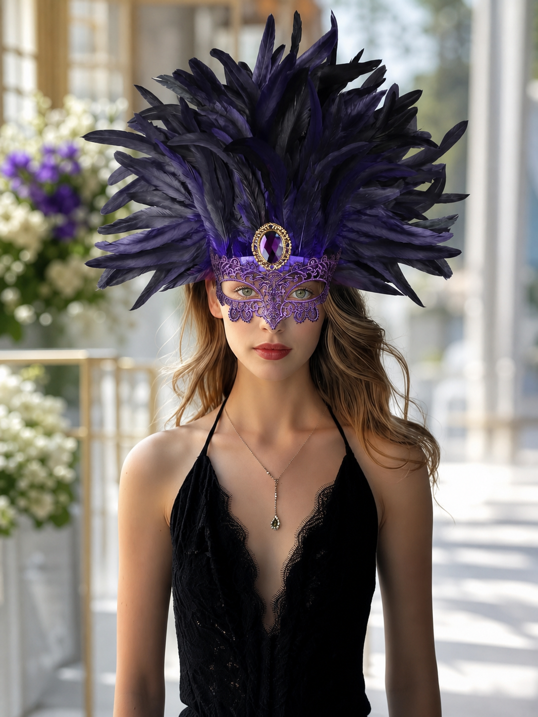 Carnival Feather Headpiece with Mask