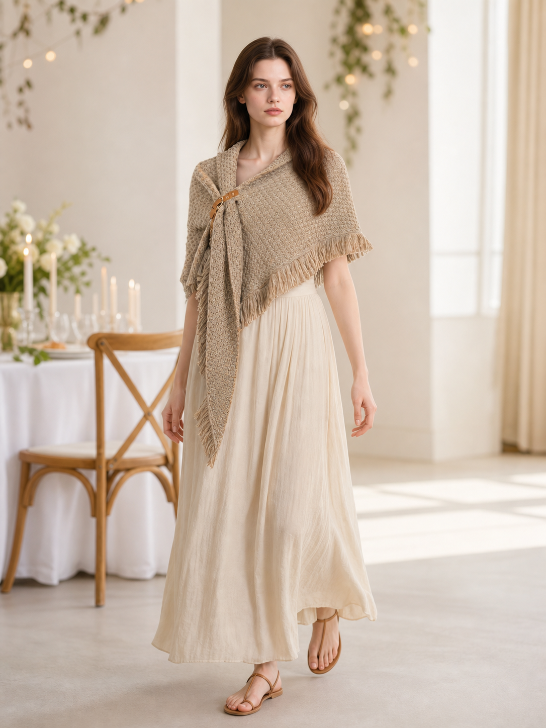 Beige fringed woven costume cape product view 42