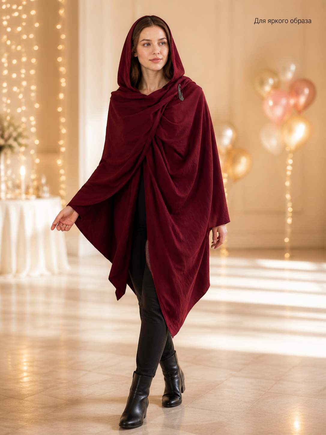 Burgundy hooded costume cloak product view 34