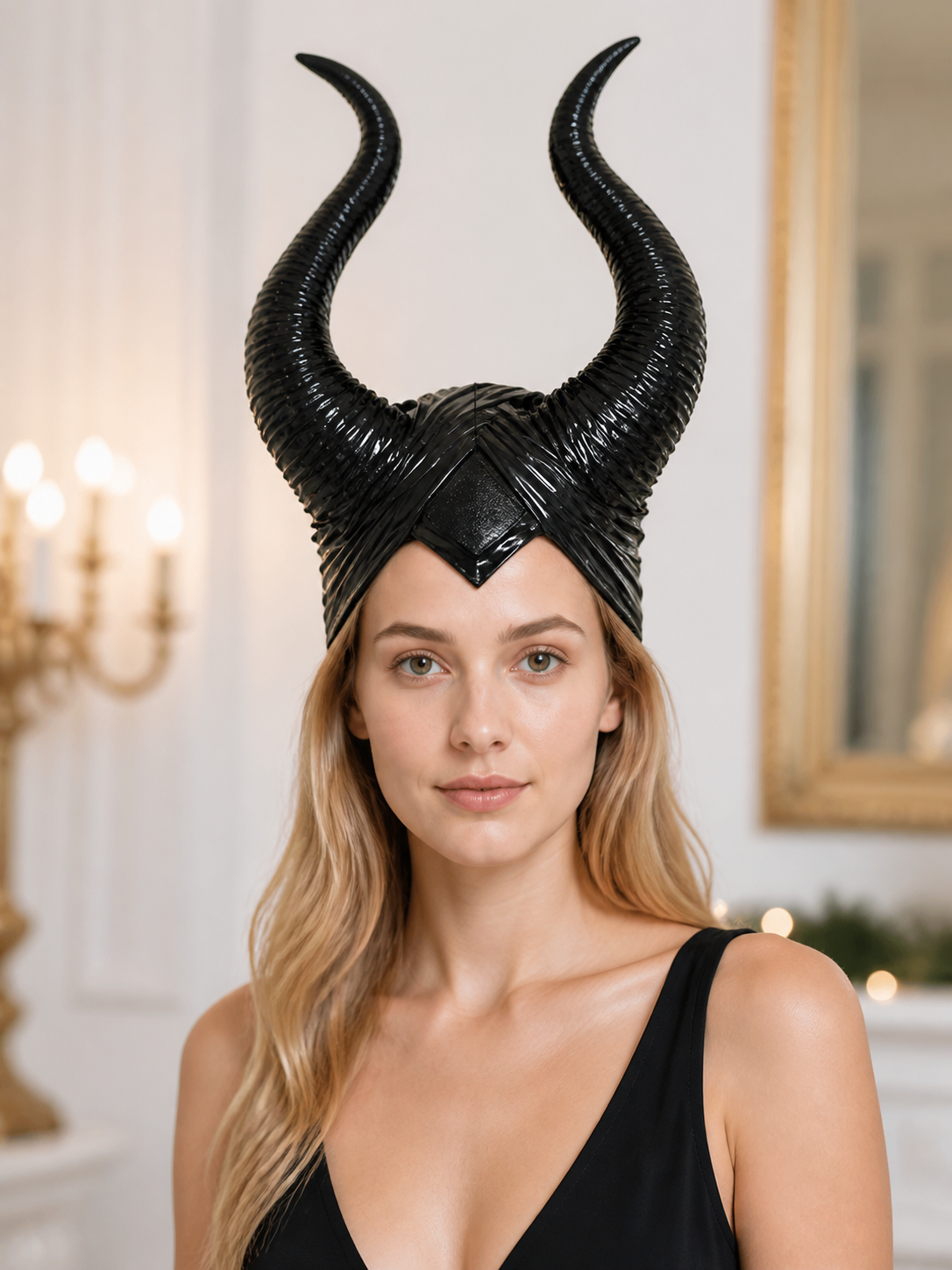 1pc Black Horn Headpiece with Striped Texture, Symmetrical Curved Horns lifestyle view 2