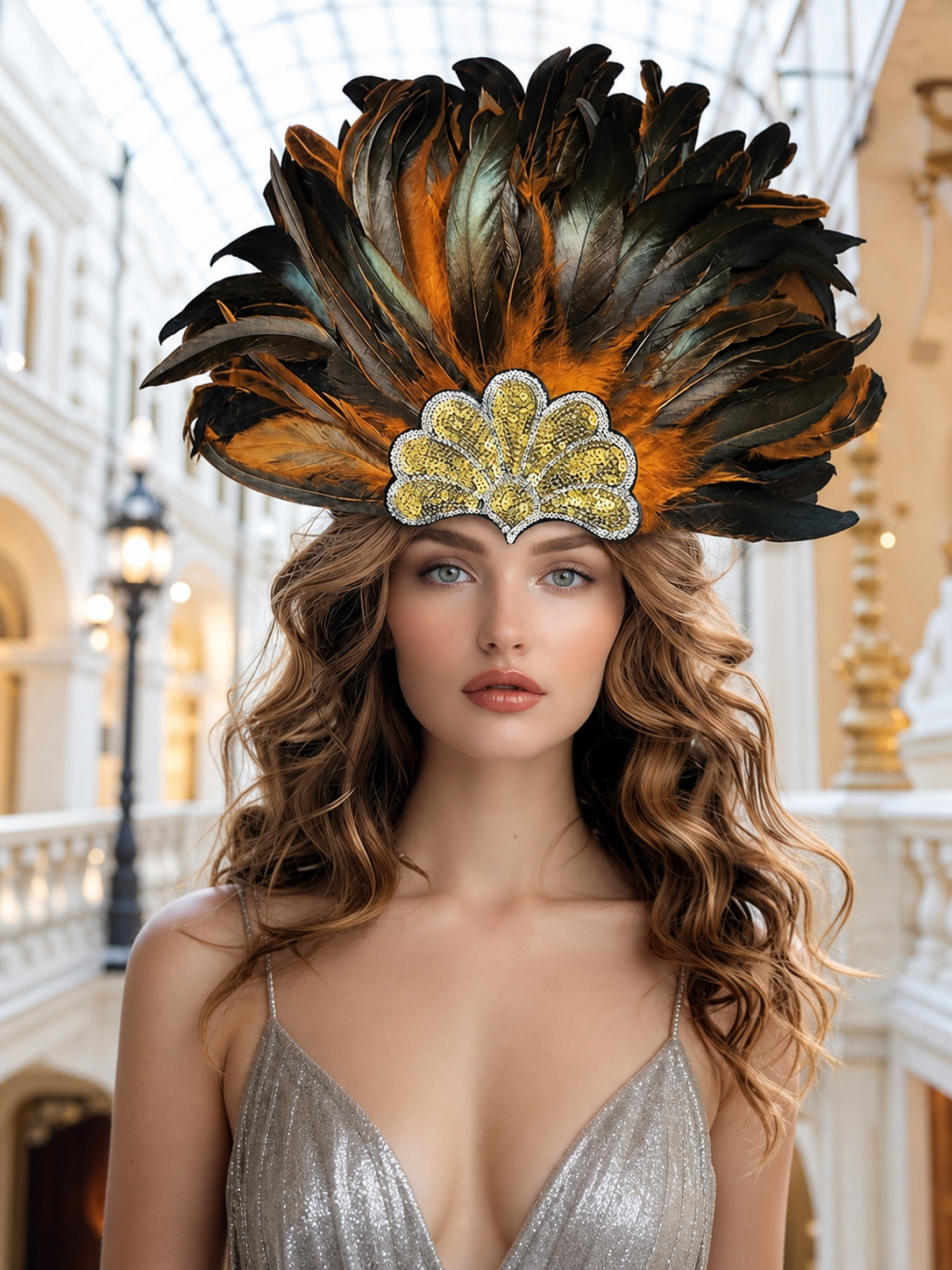 Feathered Headpiece with Gold Sequins