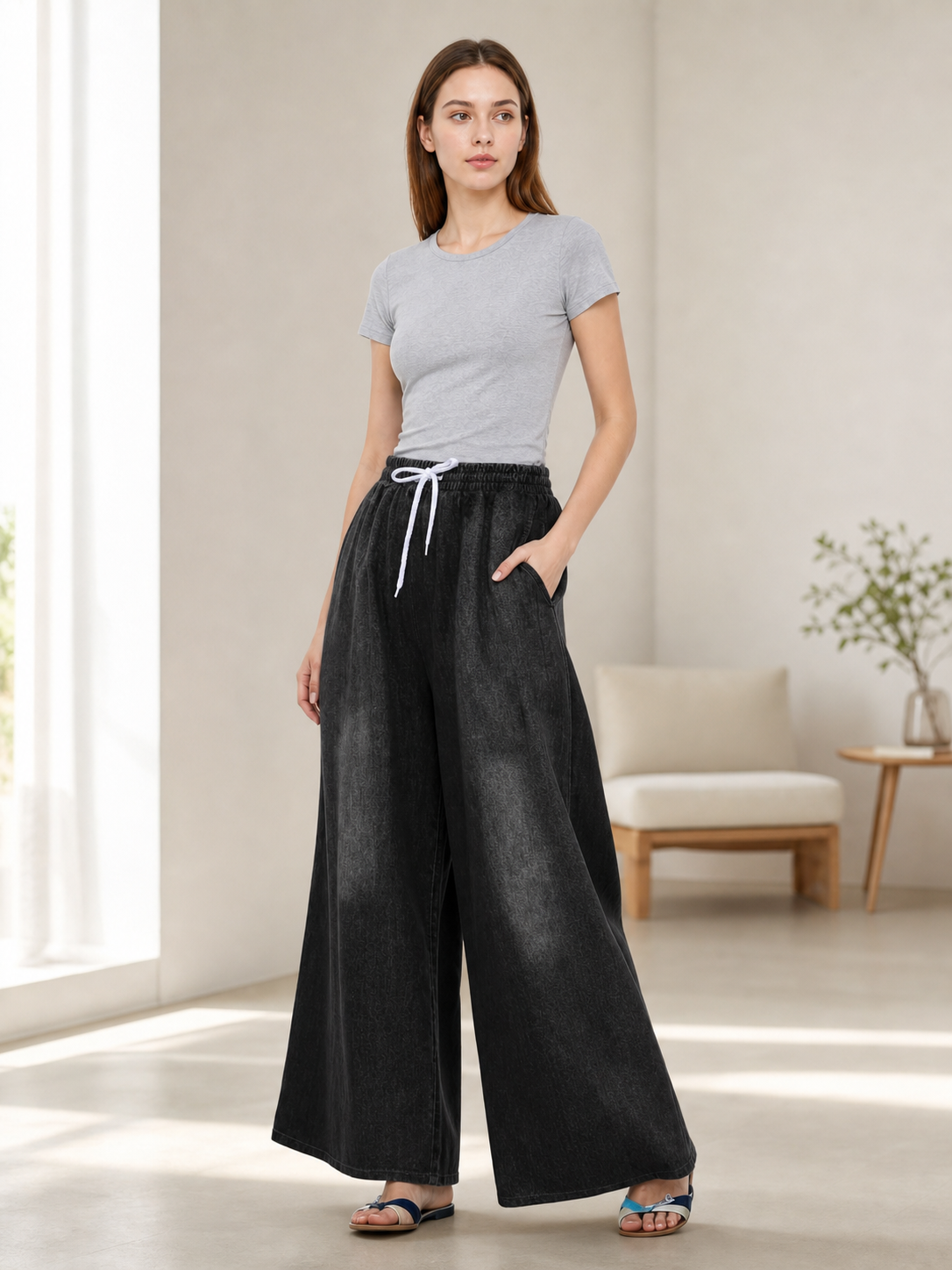 Solid Black Wide-Leg Pants with Elastic Waist and Contrast White Drawstrings lifestyle view 3