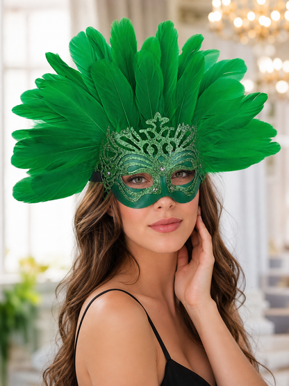 Carnival Mask with Green Feathers and Glitter