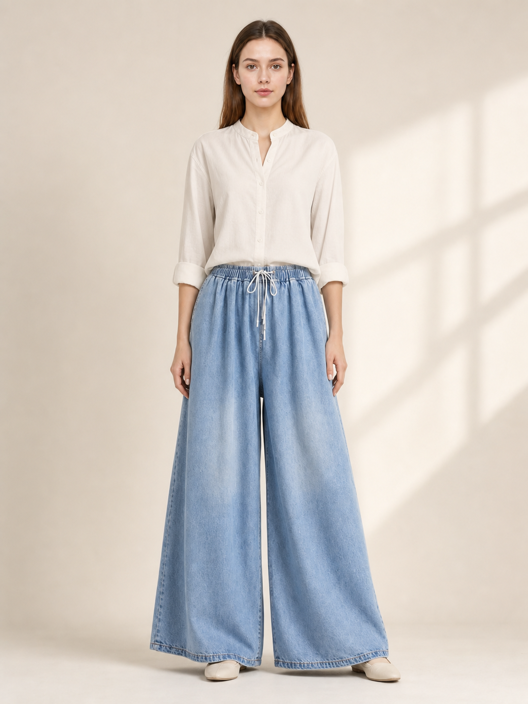 Light Blue Wide-Leg Pants with Drawstring and Pockets