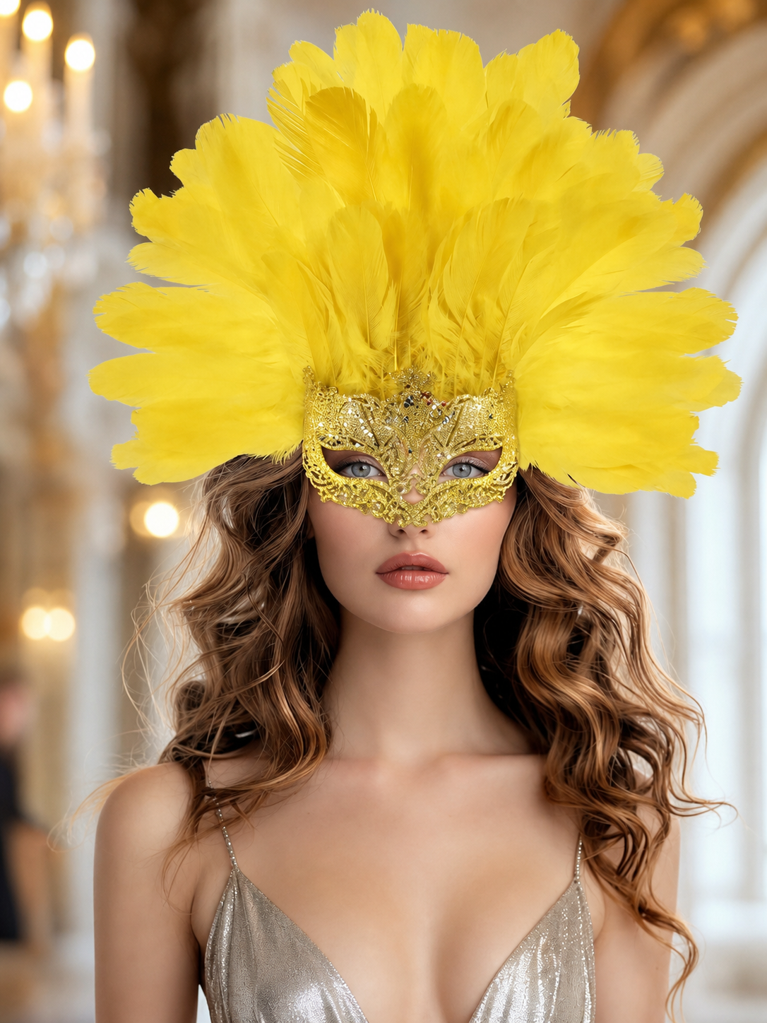 Carnival Mask with Yellow Feathers and Glitter