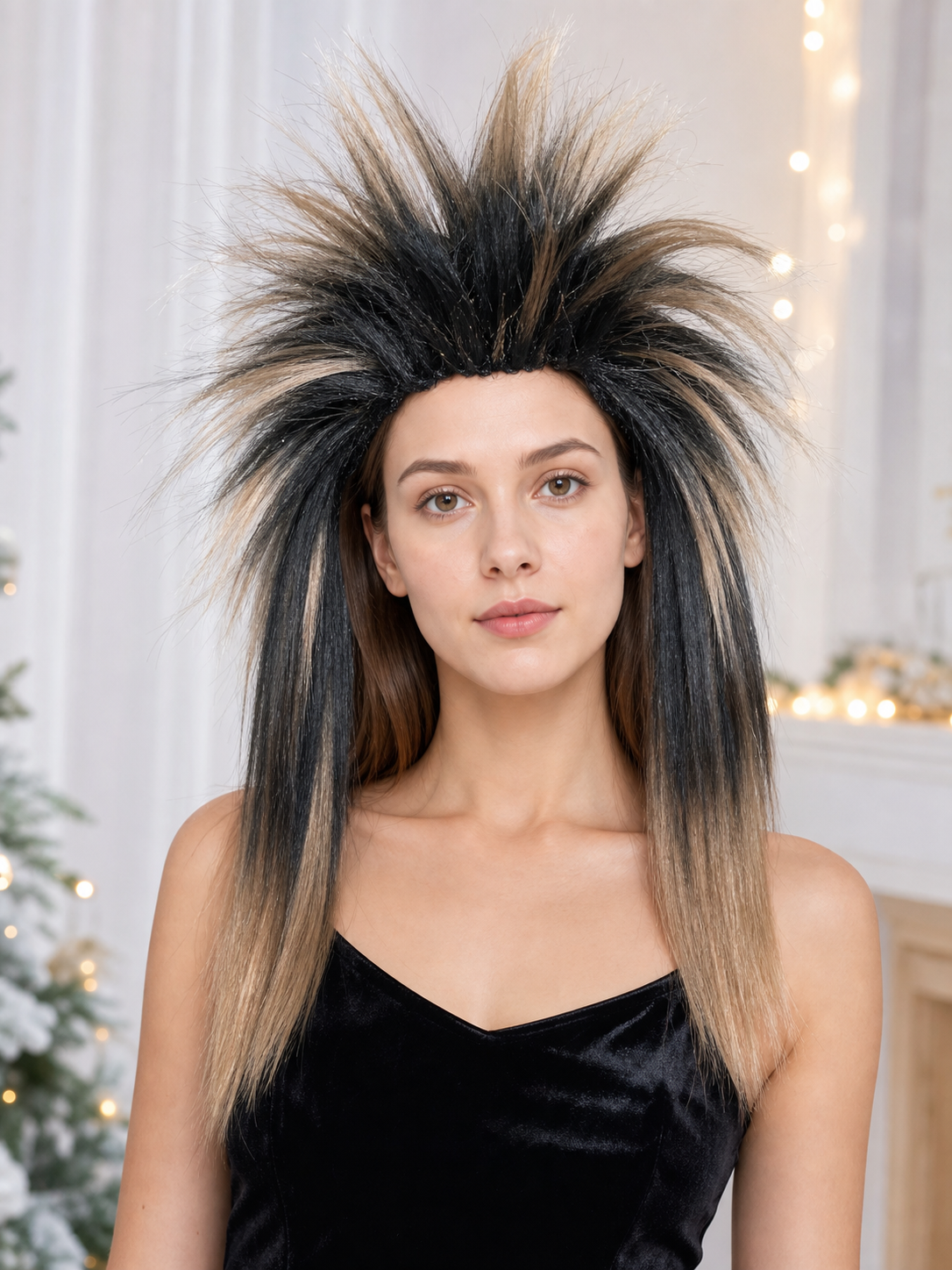 Black and blonde spiked mohawk wig product view 52