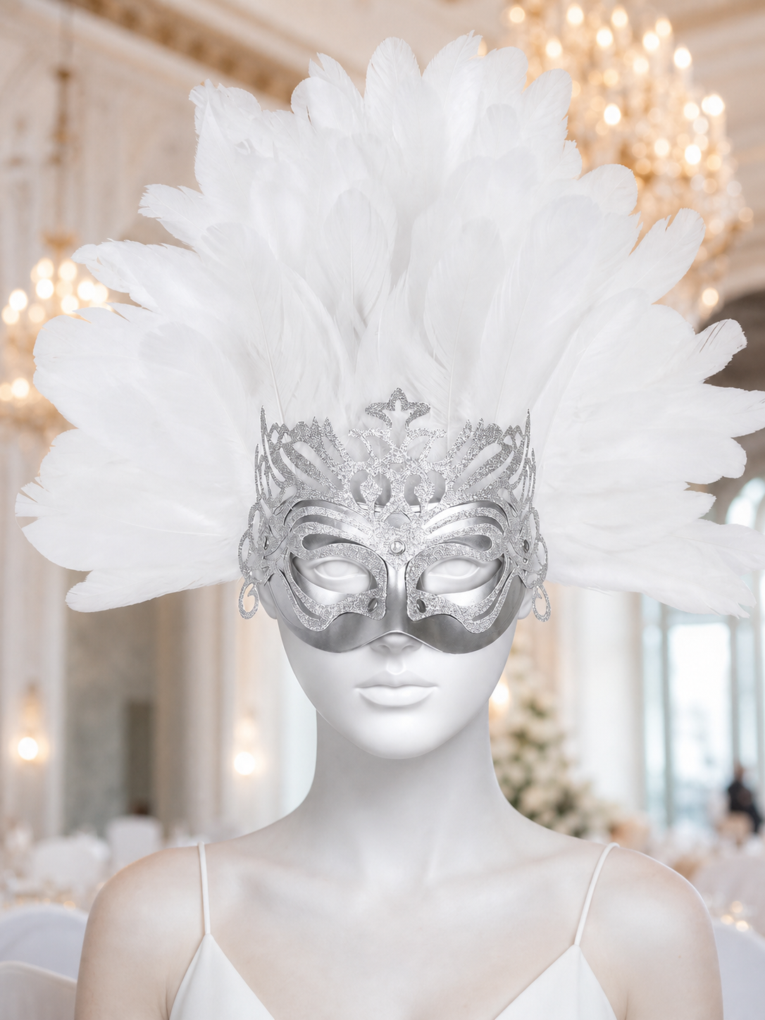 White feather silver masquerade mask product view 38