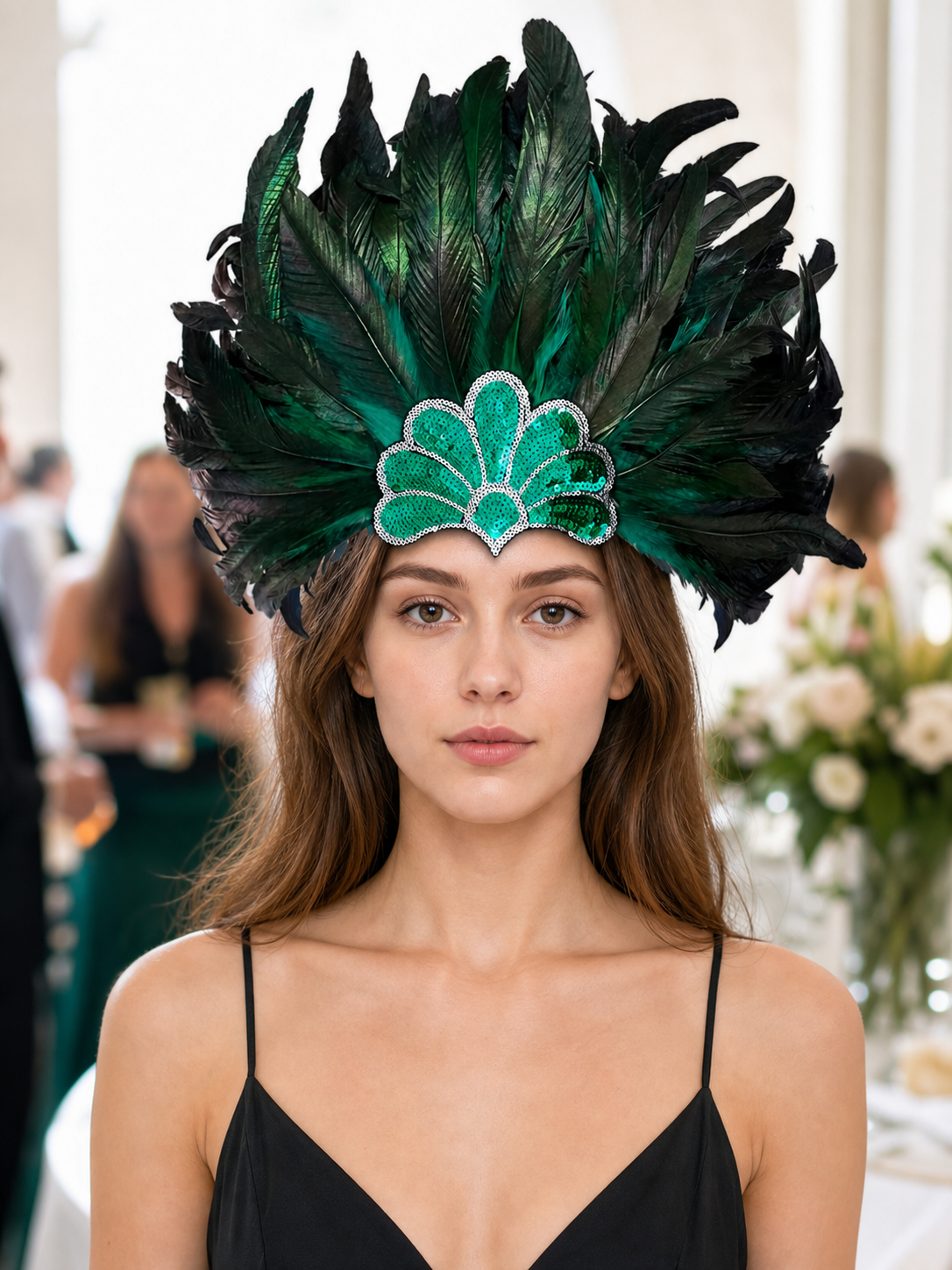 Carnival Headpiece with Green Feathers