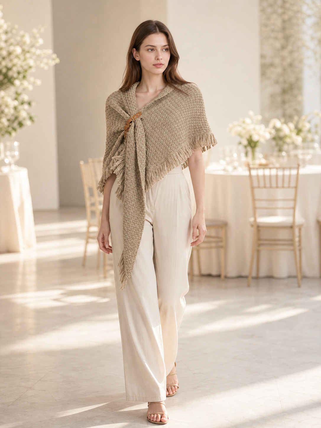 Beige fringed woven costume cape product view 43