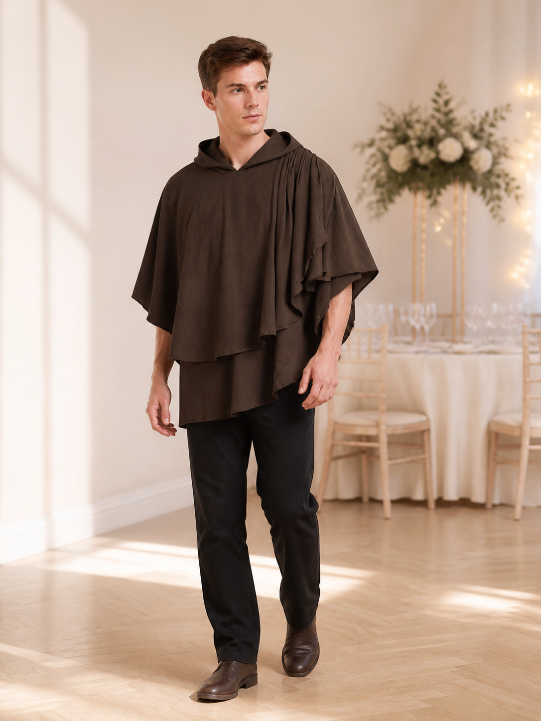Women's Hooded Wanderer Cloak Costume with Layered Hem, Shoulder Draped Pleats lifestyle view 6