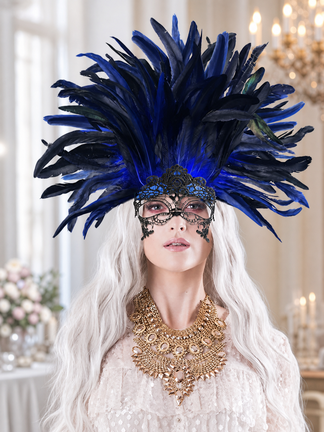 Carnival Headpiece with Feathers and Mask