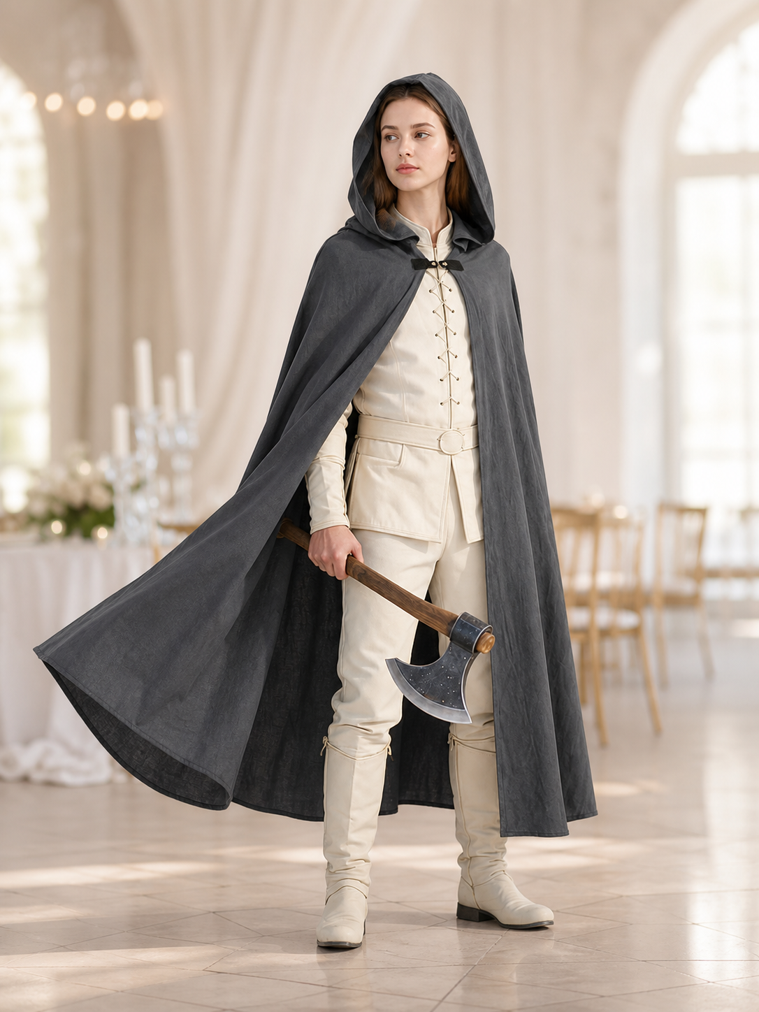 Adult Fantasy Hooded Cape, Long Dark Gray Cloak With Front Tie Closure, Wide lifestyle view 6