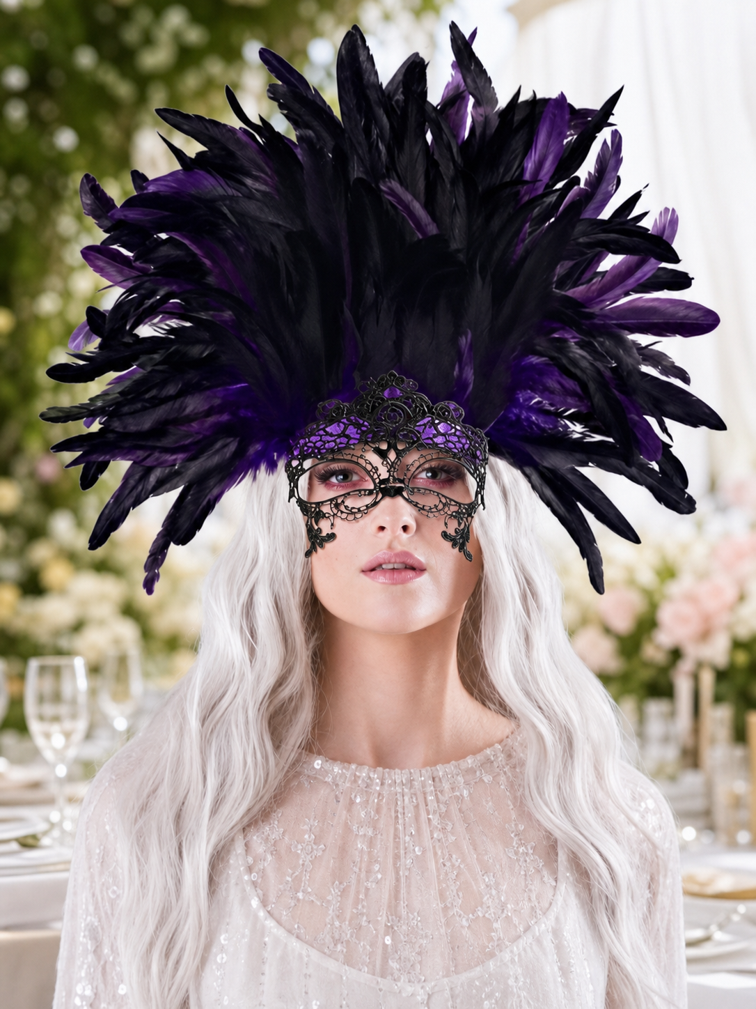Carnival Headpiece with Feathers and Mask