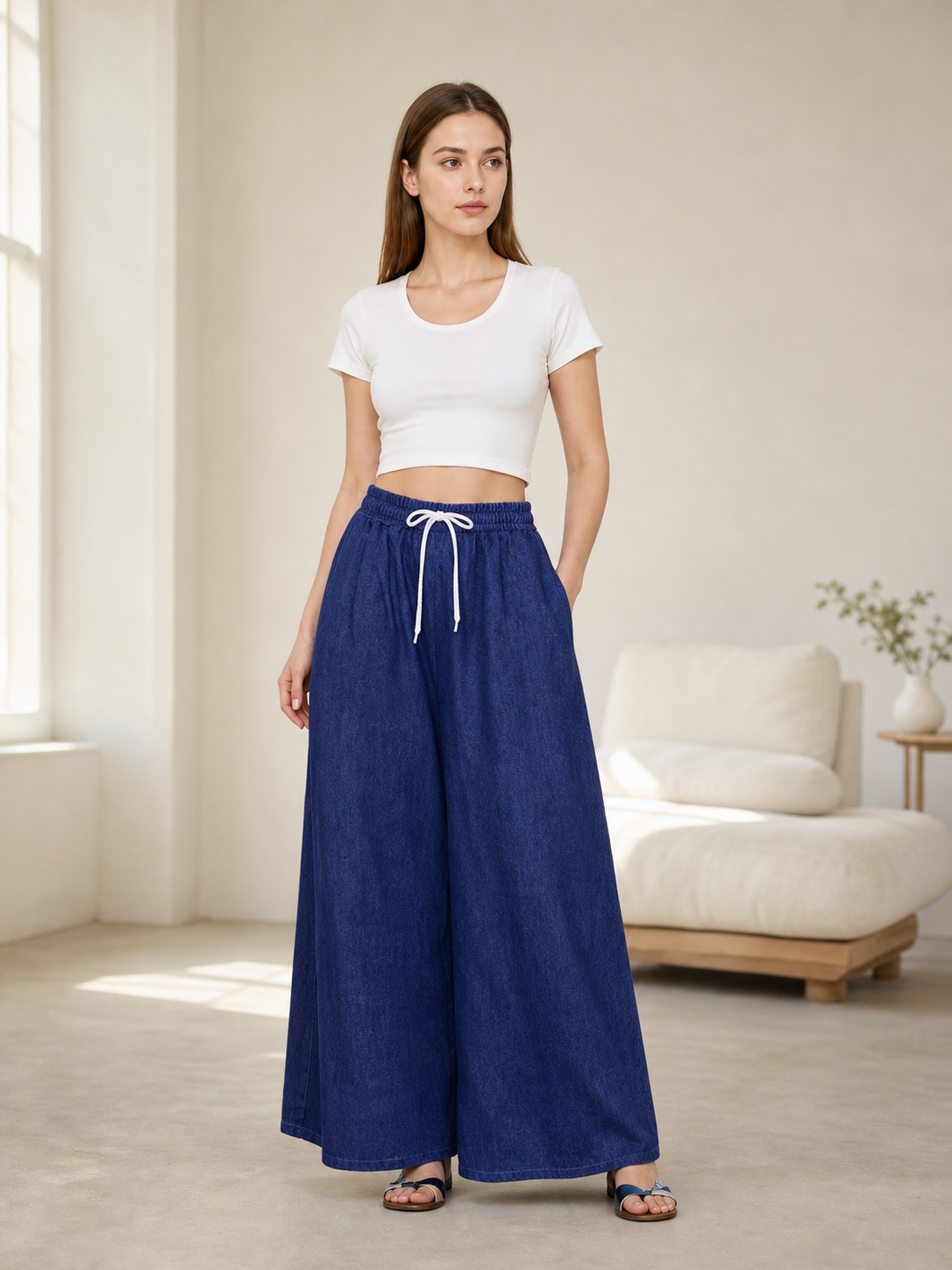 Dark Blue Palazzo Pants with an Elastic Waistband and White Drawstring lifestyle view 2