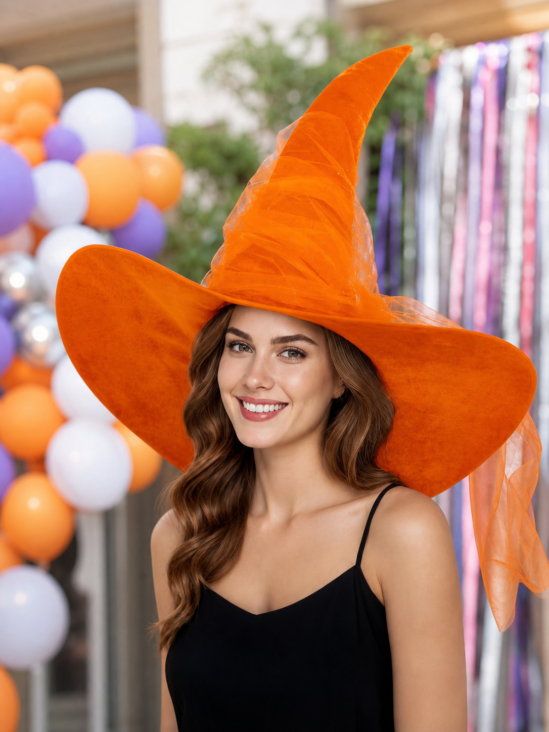 Orange Halloween Witch Hat, Tall Curved Pointed Crown, Wide Floppy Brim, Sheer Mesh Draping, Costume Accessory for Parties