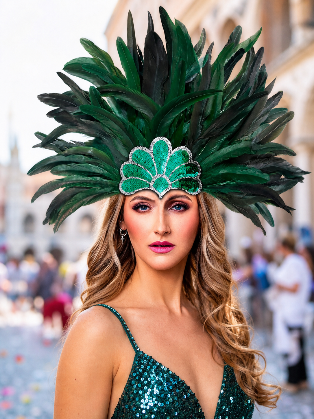 Green and black feather carnival headpiece shown on a model in a sequined outfit at an outdoor event, with a beaded green centerpiece