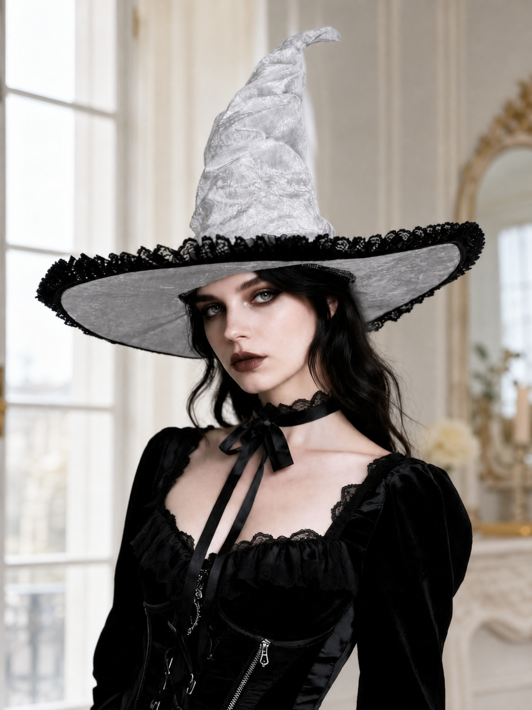 Light Gray White Halloween Witch Hat with Black Lace Trim, Tall Bent Pointed Crown and Wide Brim for Witch Cosplay Costume Party
