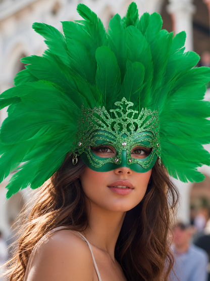 Carnival Mask with Green Feathers and Glitter