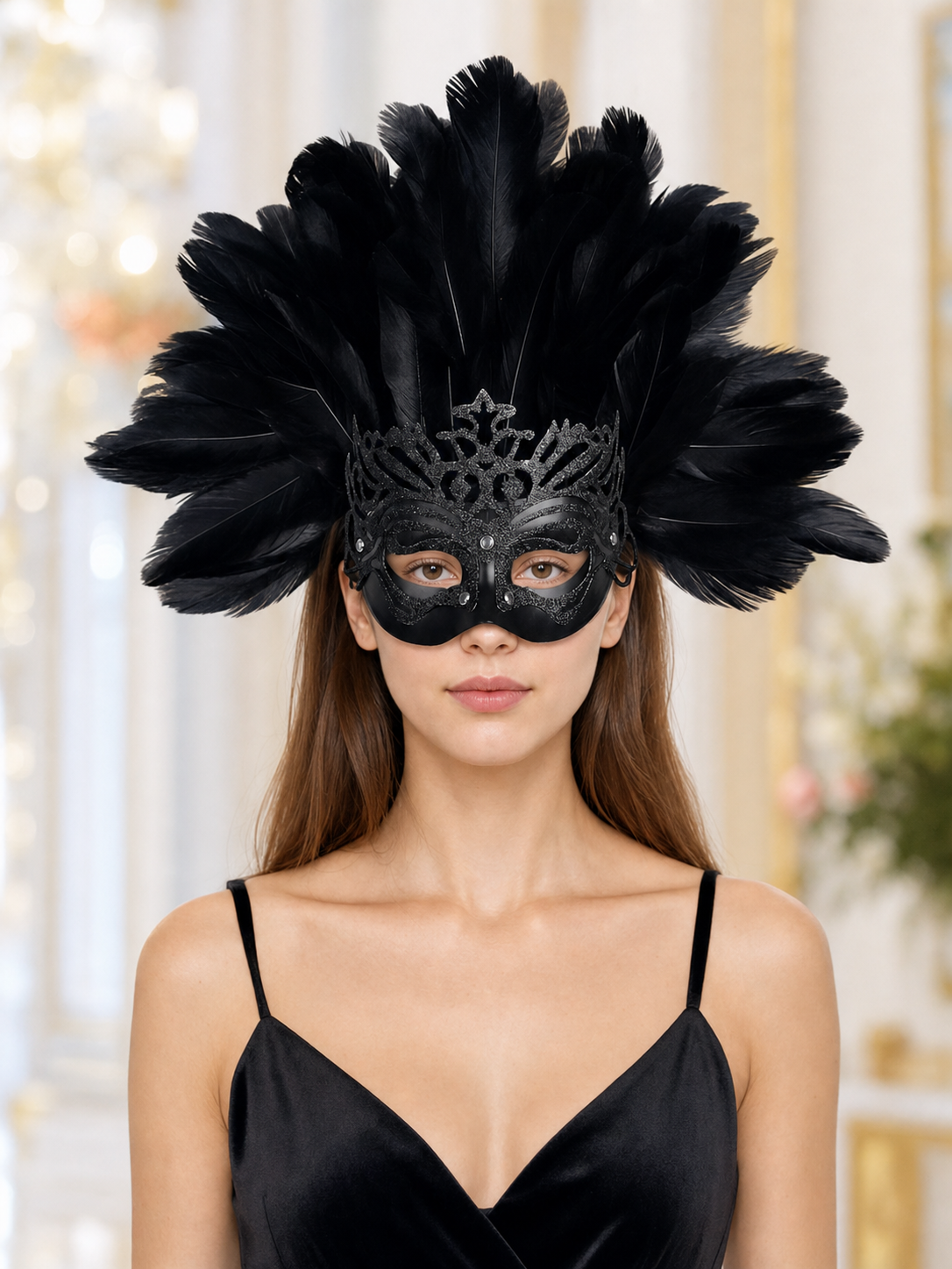 Carnival headpiece with black feathers and a mask