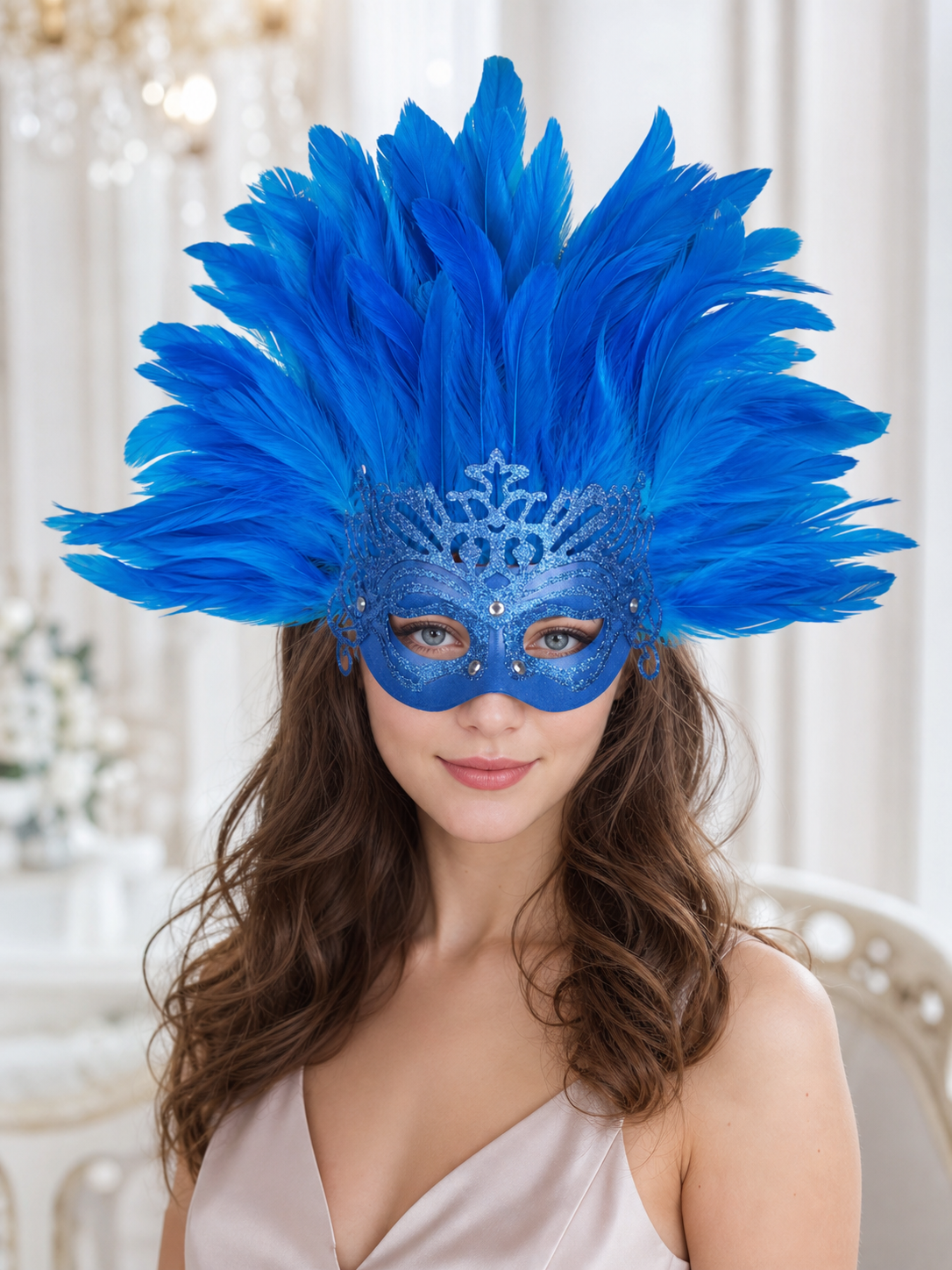 Carnival Mask with Blue Feathers and Glitter