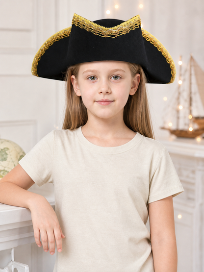 1pc Children's Pirate Hat, Black Wide Brim Pirate Costume Hat with Gold Decorative Trim, Tall Crown for Dress-Up Play and Costume Parties