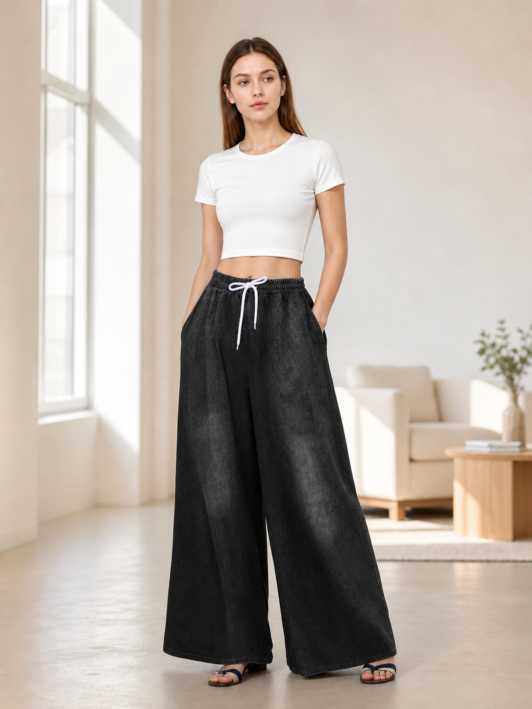 Solid Black Wide-Leg Pants with Elastic Waist and Contrast White Drawstrings lifestyle view 4