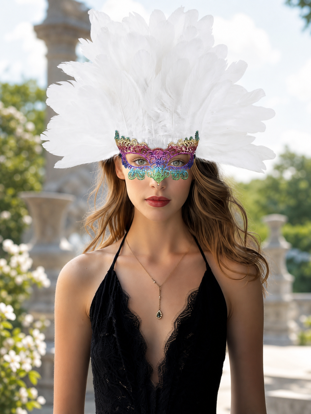 Masquerade headpiece with feathers and a mask