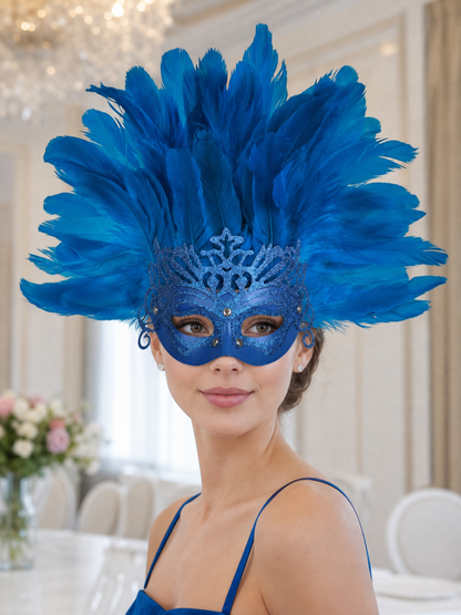 Carnival Mask with Blue Feathers and Glitter