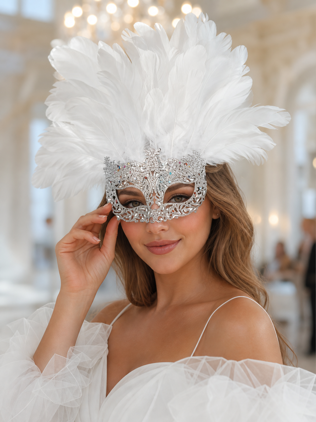 Masquerade Mask with White Feathers and Glitter