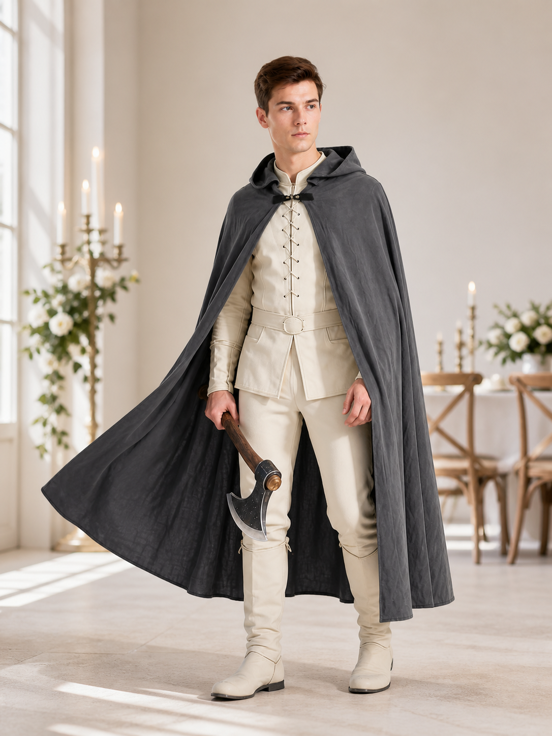 Adult Fantasy Hooded Cape, Long Dark Gray Cloak With Front Tie Closure, Wide lifestyle view 7