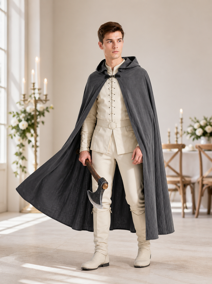 Adult Fantasy Hooded Cape, Long Dark Gray Cloak With Front Tie Closure, Wide lifestyle view 7
