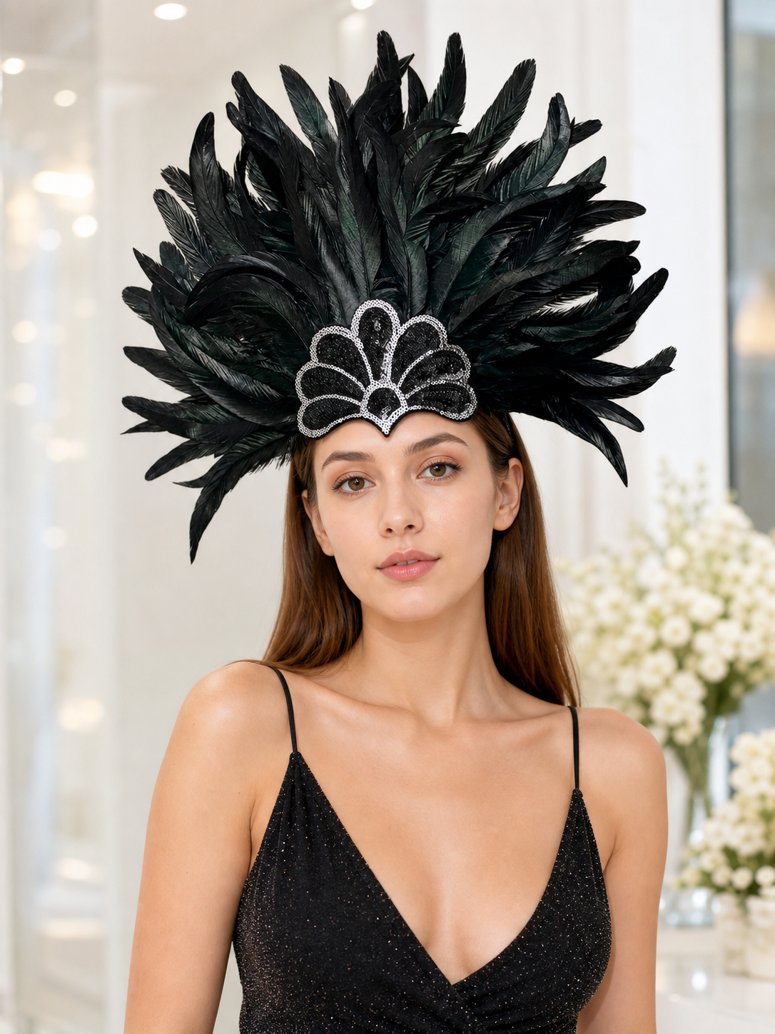 Black Feather and Sequin Headpiece