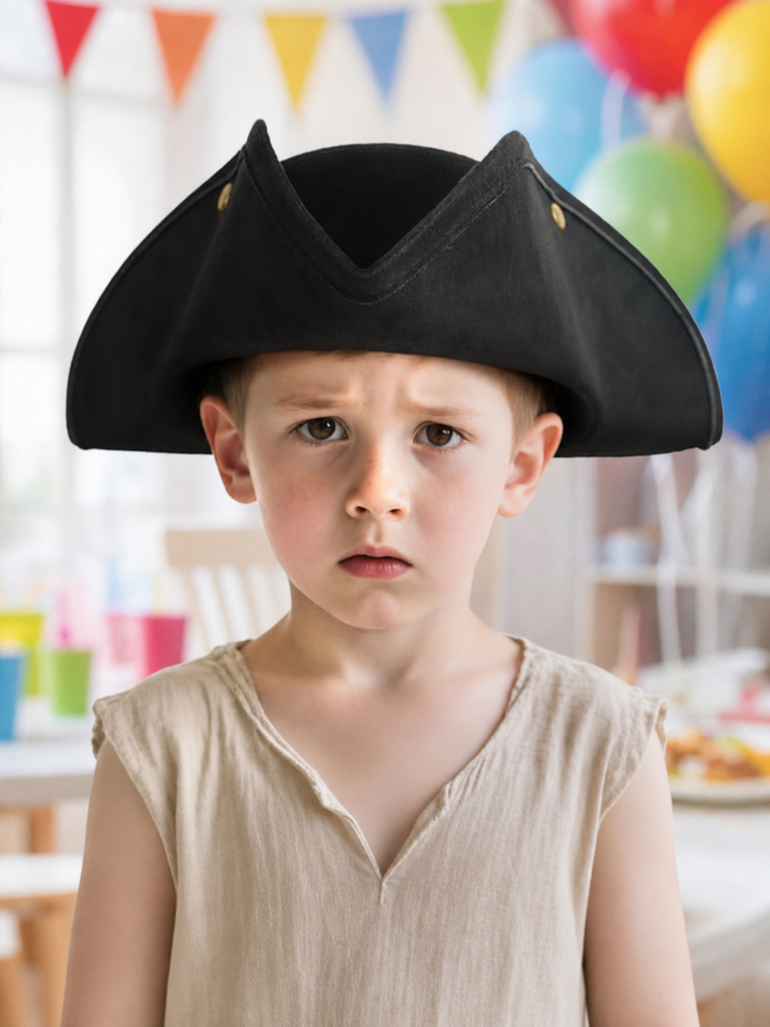 Classic Pirate Hat for Kids, Wide Tricorn Pirate Captain Hat with Raised Pointed Sides and Gold-Colored Accents for Halloween Costume, Dress-Up Play and Themed Parties