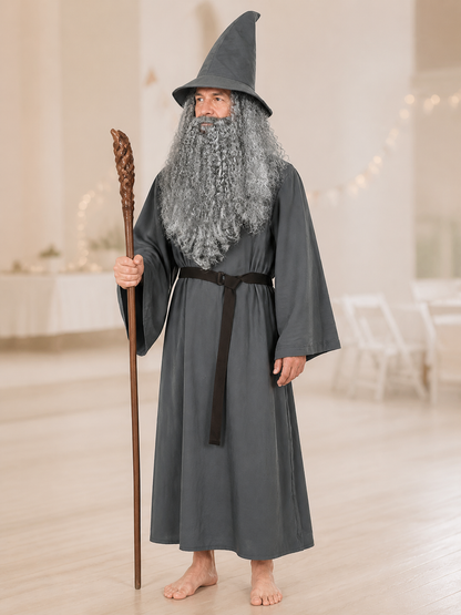 Adult Halloween Wizard Costume Set - 5Pcs Long Sleeve Robe, Curved Hat, Belt lifestyle view 2
