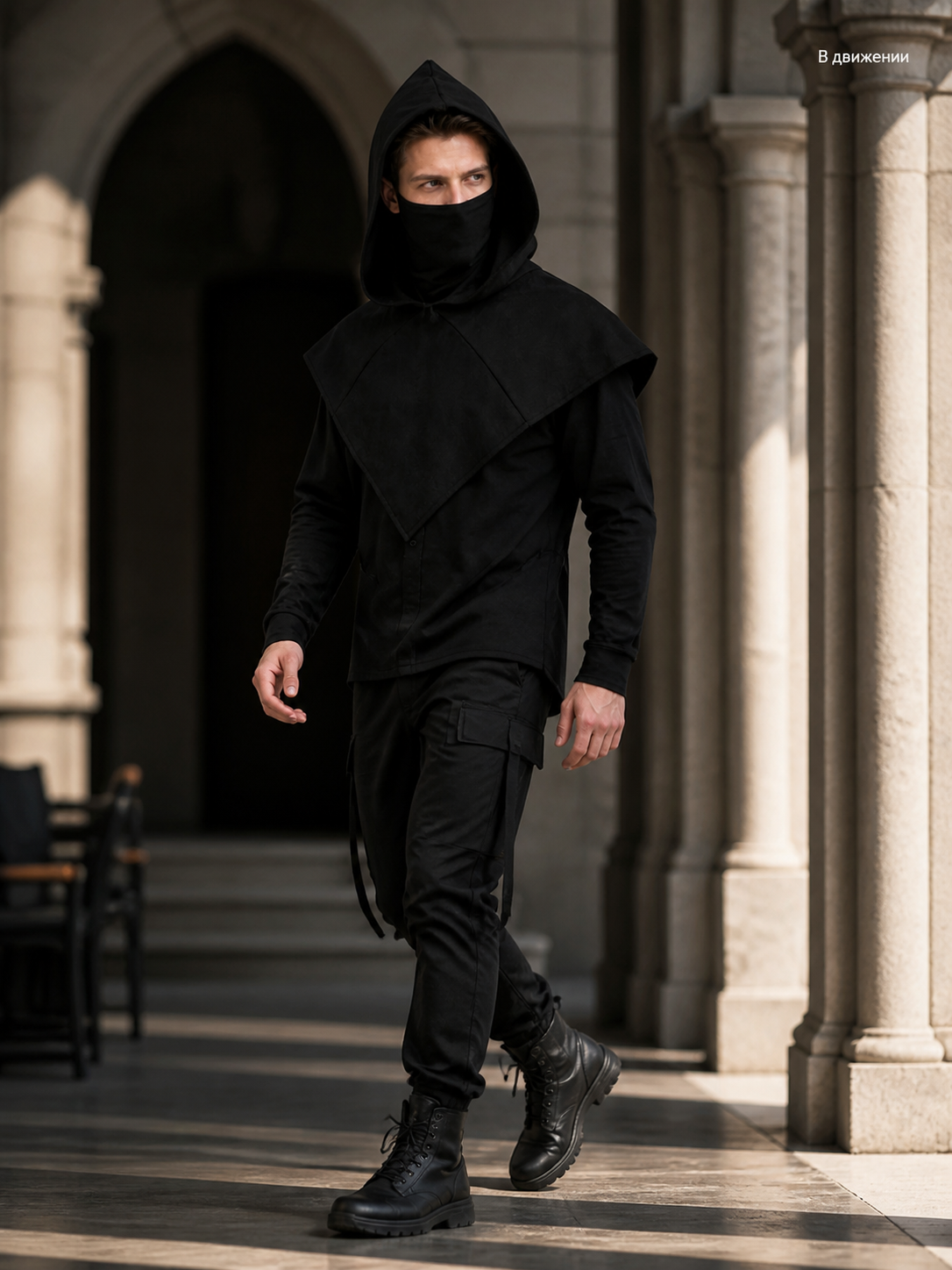 Black Carnival Cloak with Hood and Mask lifestyle view 3