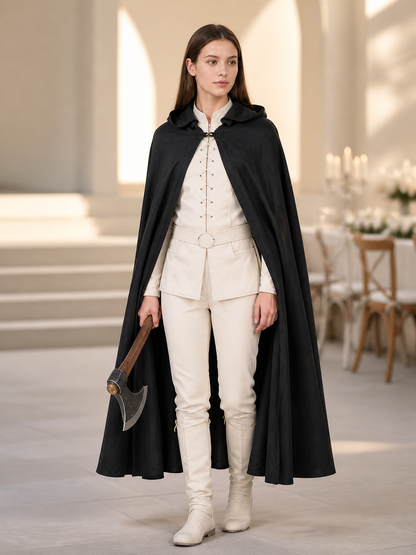 Black Long Hooded Cotton-Linen Cloak lifestyle view 7
