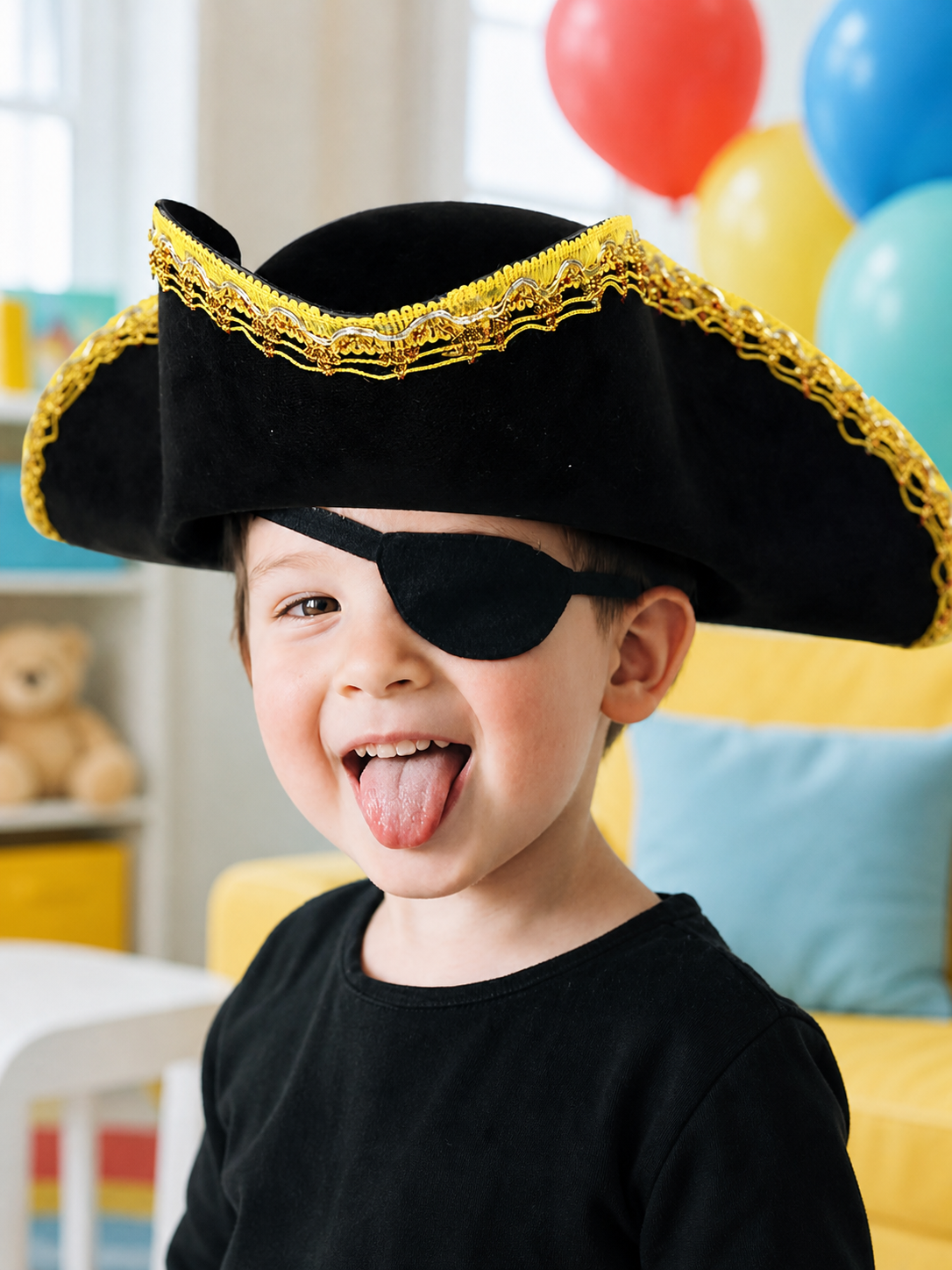 Children's black pirate tricorn hat with decorative gold trim for costume play and themed events