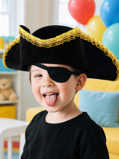Children's black pirate tricorn hat with decorative gold trim for costume play and themed events