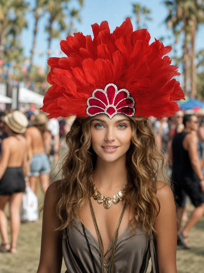 Carnival Headband with Red Feathers and Glitter