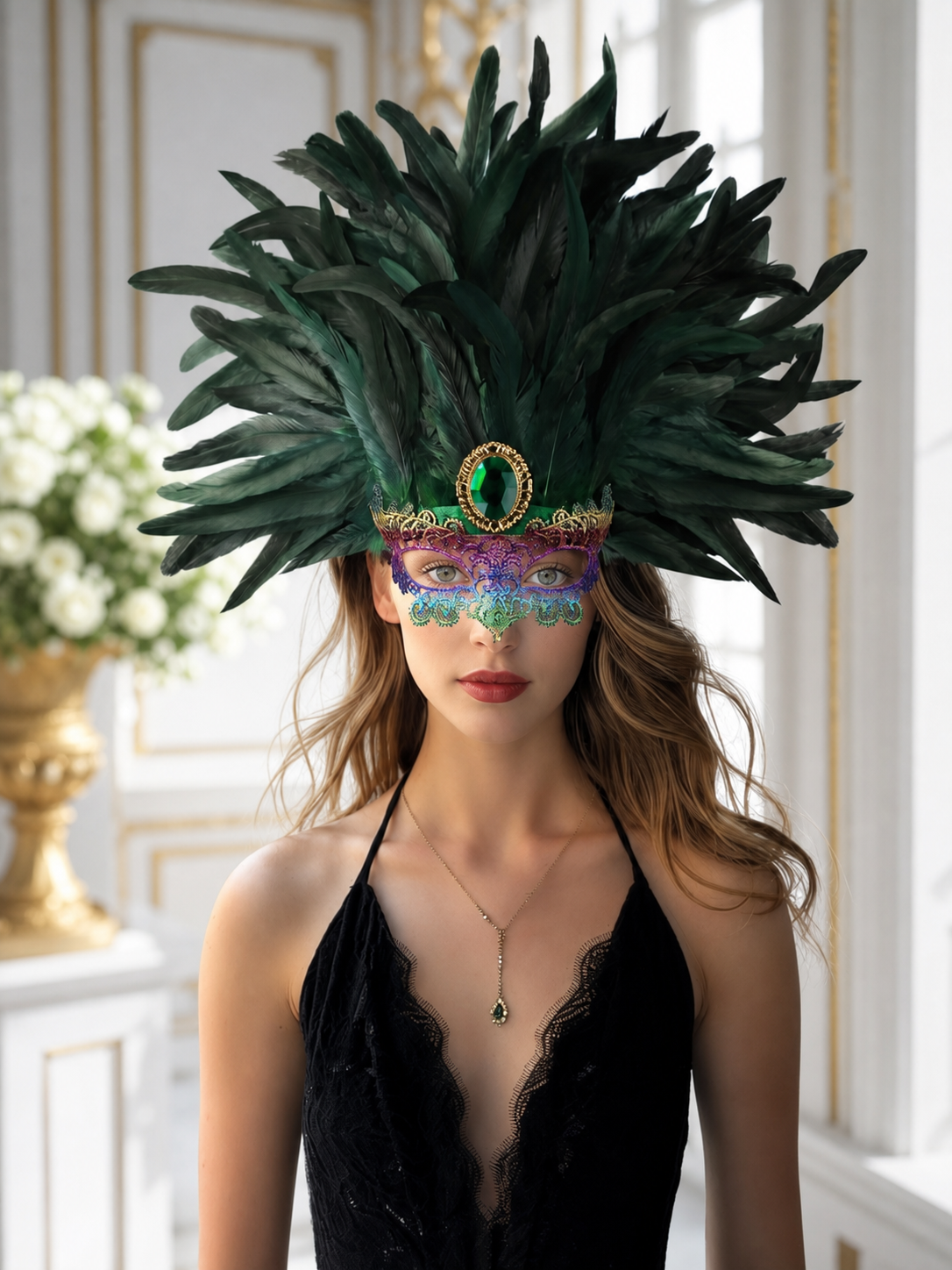 Masquerade headdress with green feathers