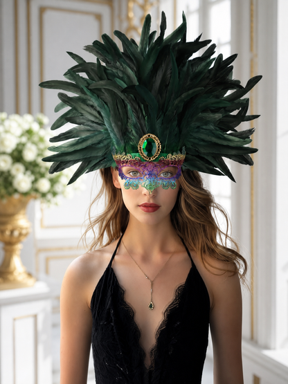 Masquerade headdress with green feathers