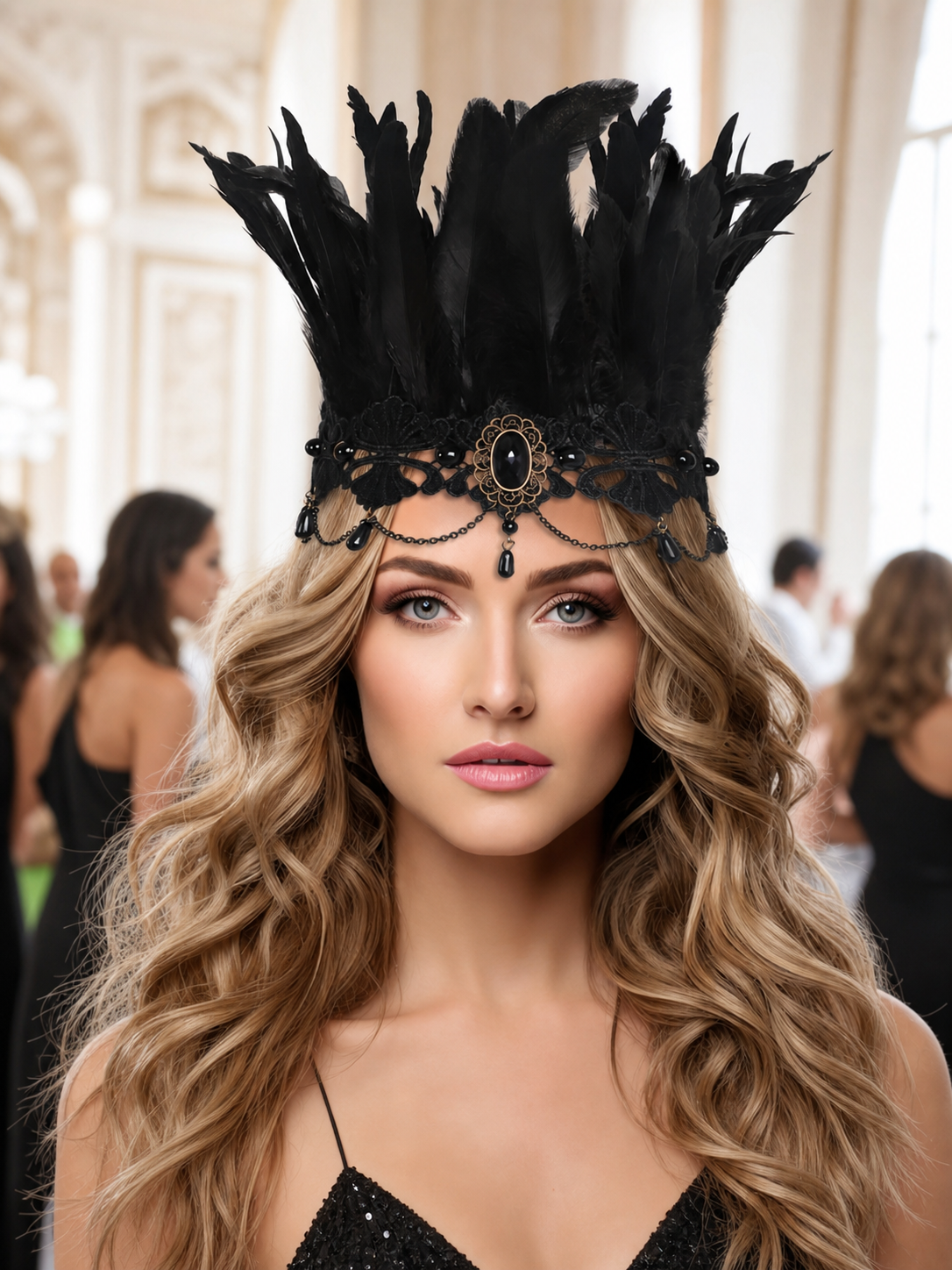 Carnival Feather and Lace Headpiece