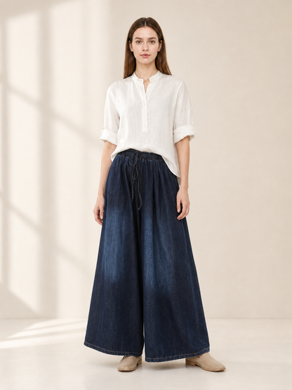 Women's high-waisted palazzo jeans with a drawstring
