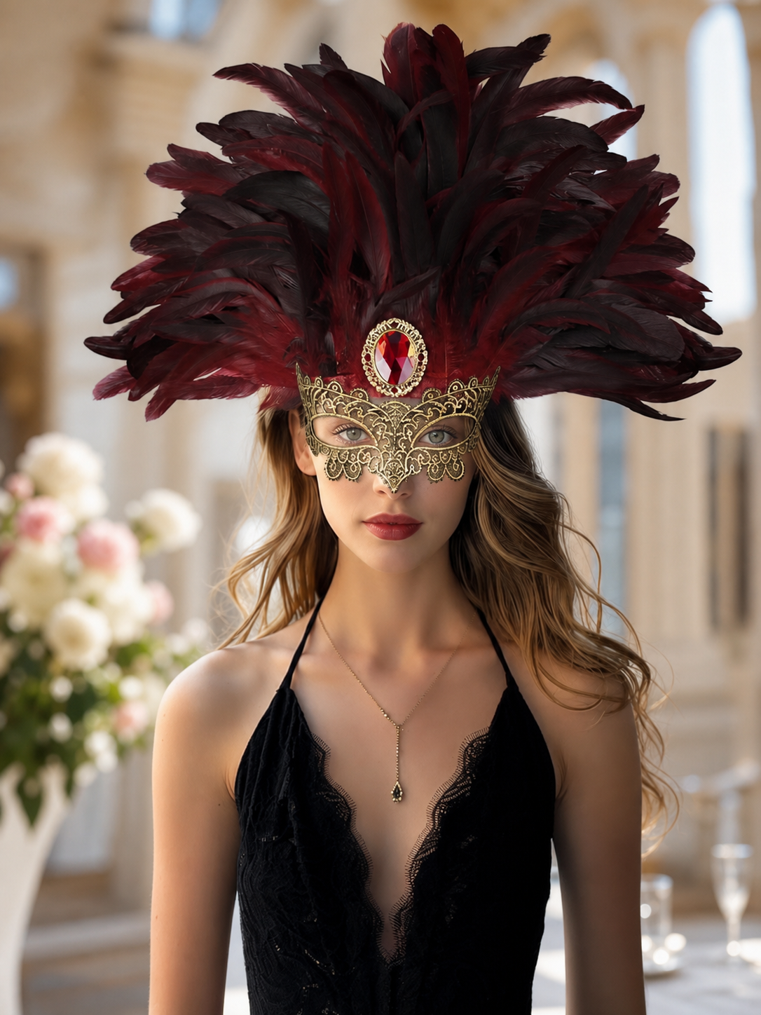 Burgundy and black feathered mask headpiece with gold filigree and red jewel, worn by a model in a black dress indoors