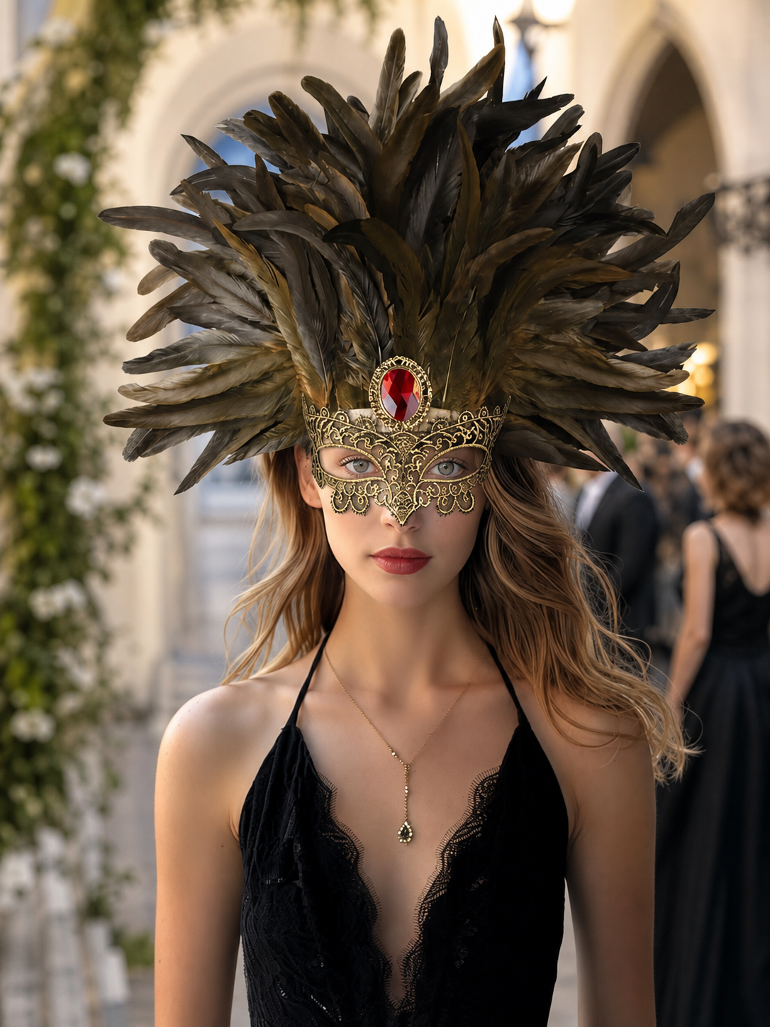 Carnival Headpiece with Mask and Feathers