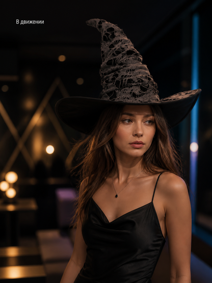 Gray Black Halloween Witch Hat For Women Wide Brim Curved Pointed Tattered Torn lifestyle view 5