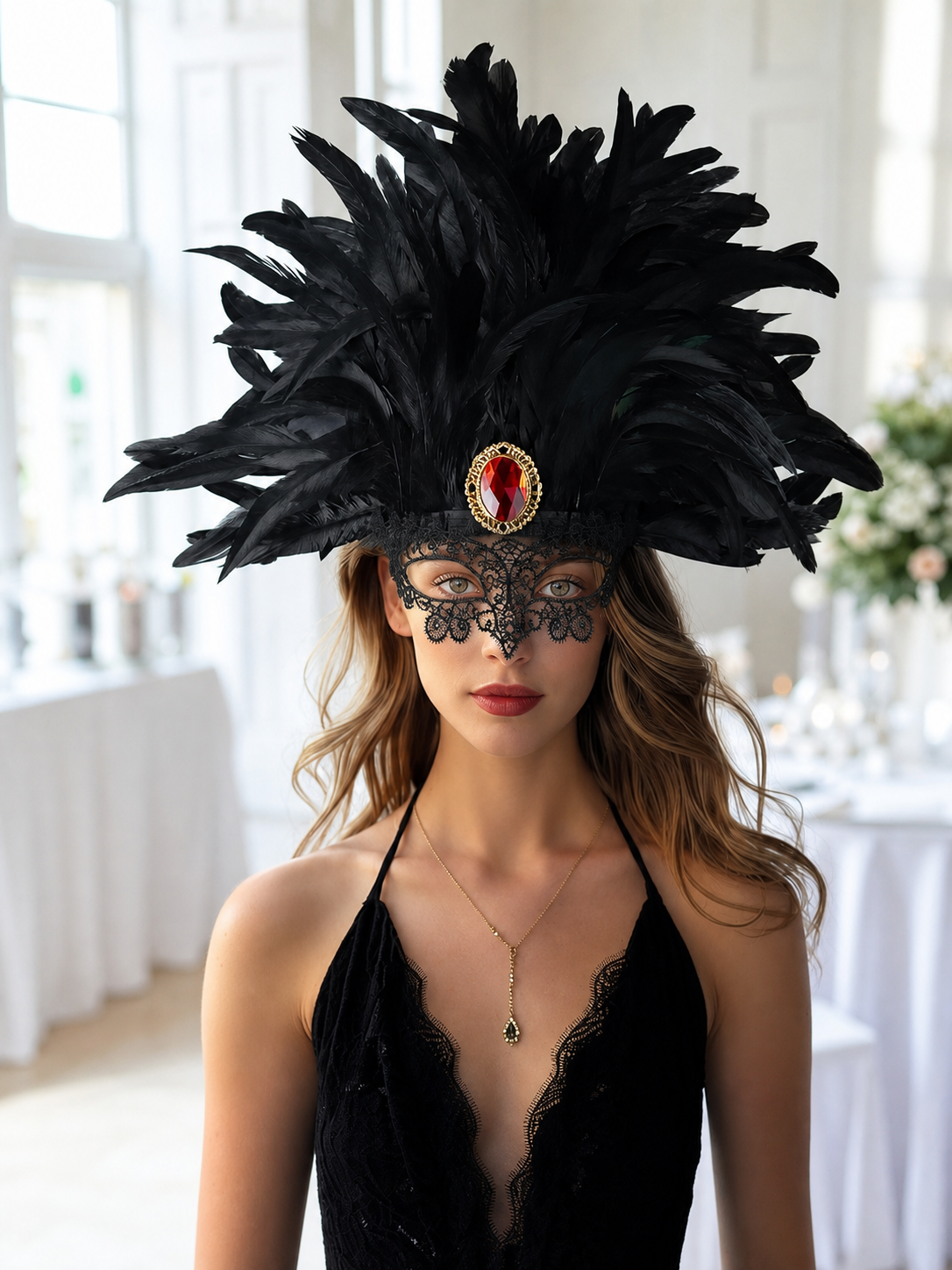 Carnival headpiece with black feathers