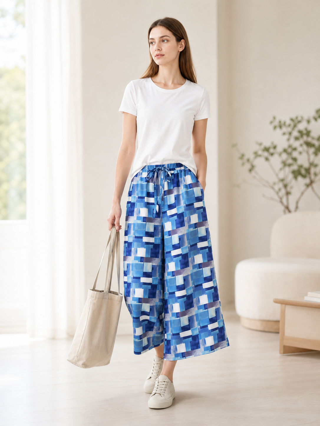 Blue and White Palazzo Pants with Geometric Print lifestyle view 3