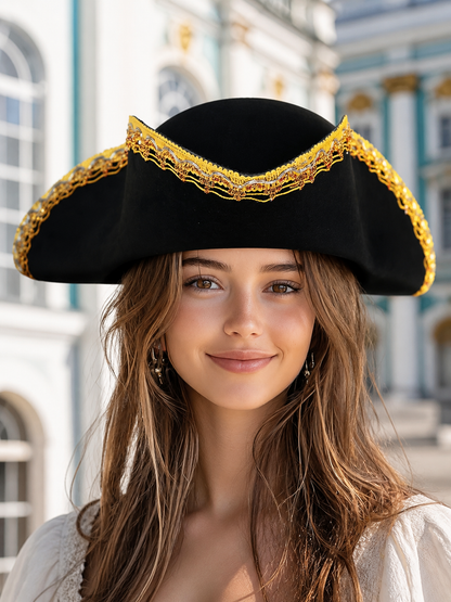 1pc Theatrical Pirate Tricorn Hat, Black Three-Cornered Style with Ornate Gold Trim and Wide Curved Brim for Costume Parties and Themed Events